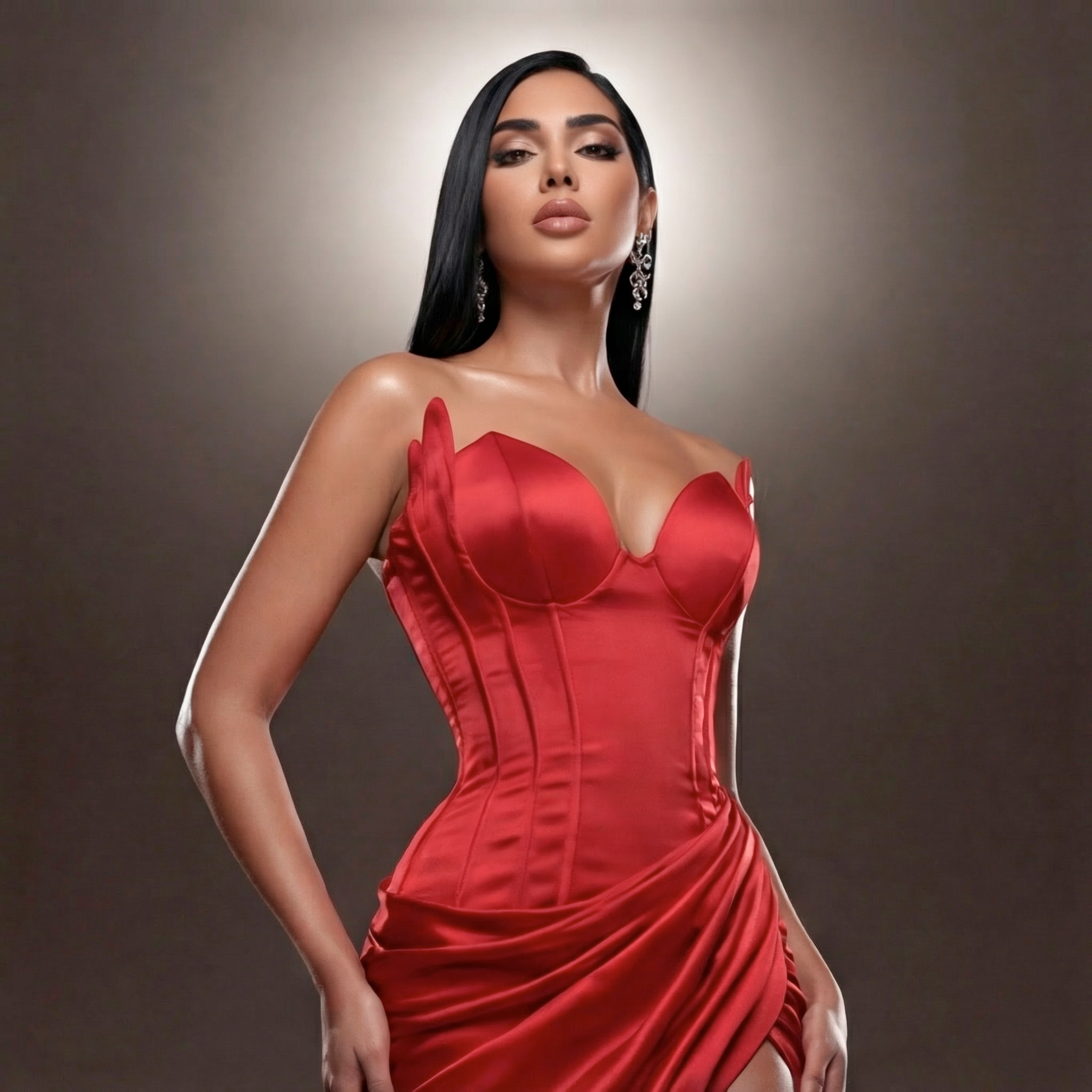 Red Satin Corset Mermaid Gown – Strapless Sweetheart Evening Dress with High Slit & Draped Skirt