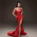 Red Satin Corset Mermaid Gown – Strapless Sweetheart Evening Dress with High Slit & Draped Skirt