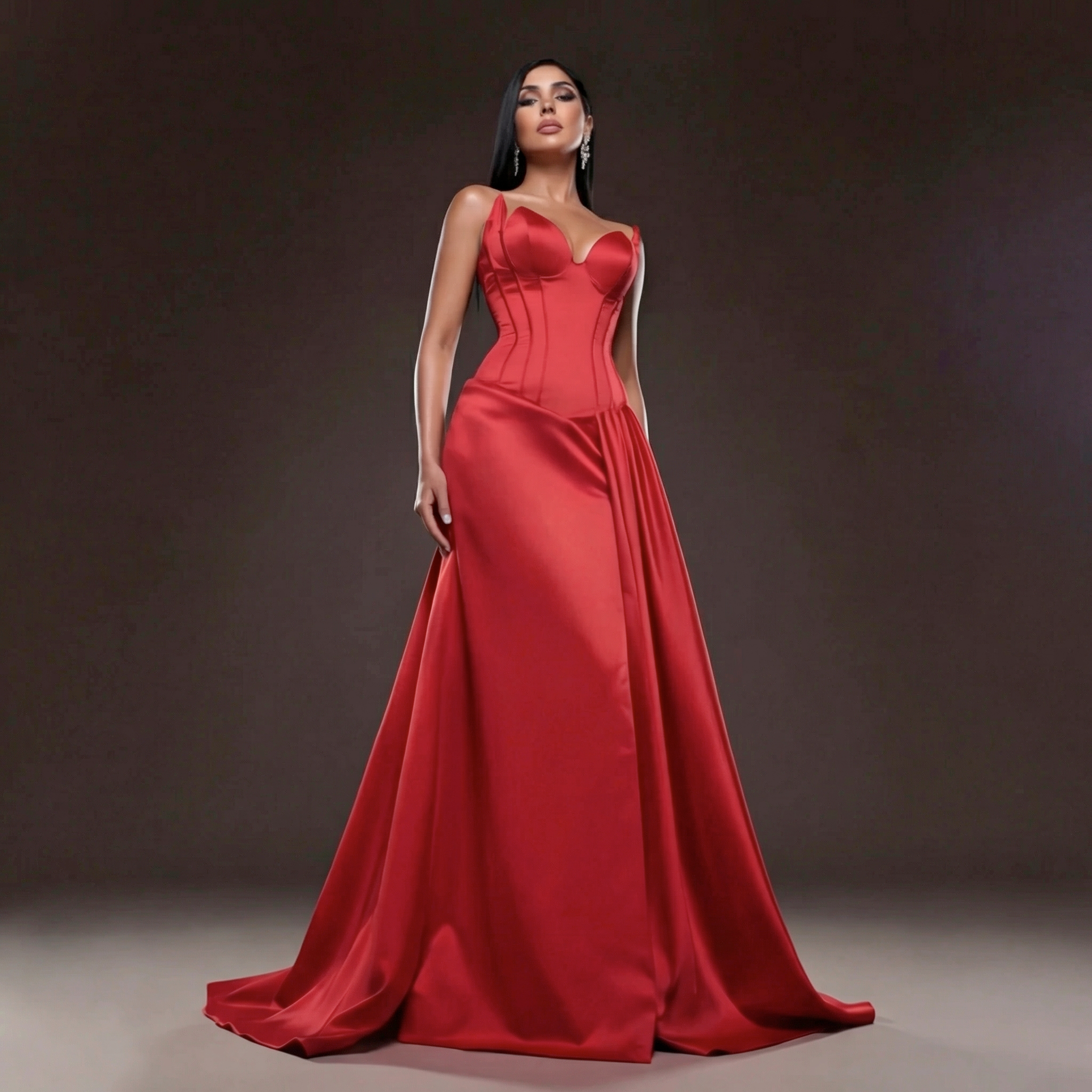 Red Satin Corset Mermaid Gown – Strapless Sweetheart Evening Dress with High Slit & Draped Skirt