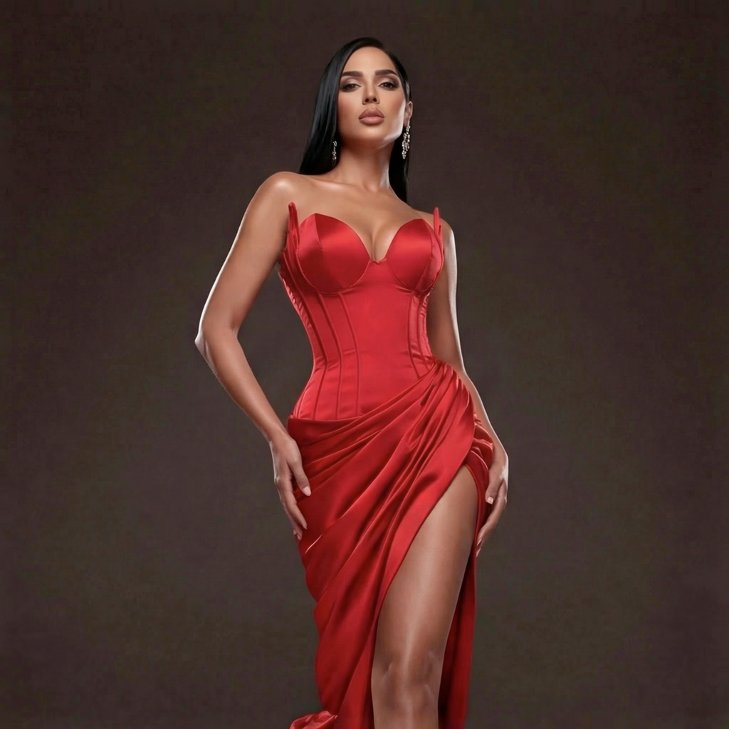 Red Satin Corset Mermaid Gown – Strapless Sweetheart Evening Dress with High Slit & Draped Skirt