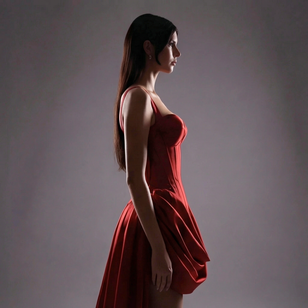 Red Satin Corset Evening Gown – Sweetheart Bustier Dress with Draped High Slit & Long Train