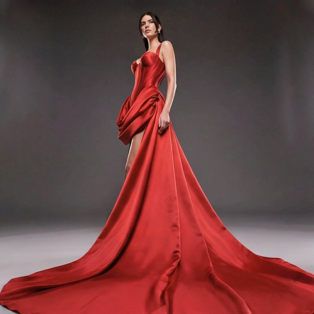 Red Satin Corset Evening Gown – Sweetheart Bustier Dress with Draped High Slit & Long Train