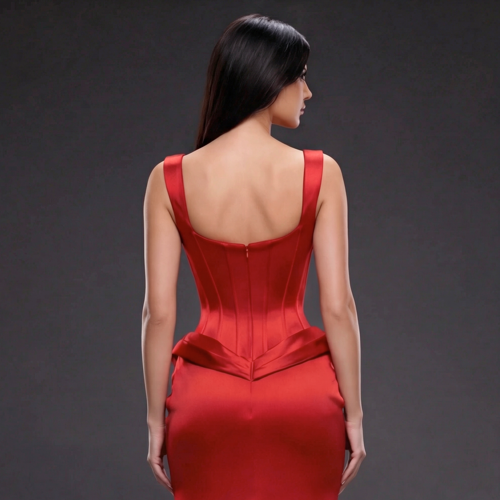 Scarlet Satin Sculpted Evening Dress – Corset Bustier Gown with Ruched Draping, High Slit & Train
