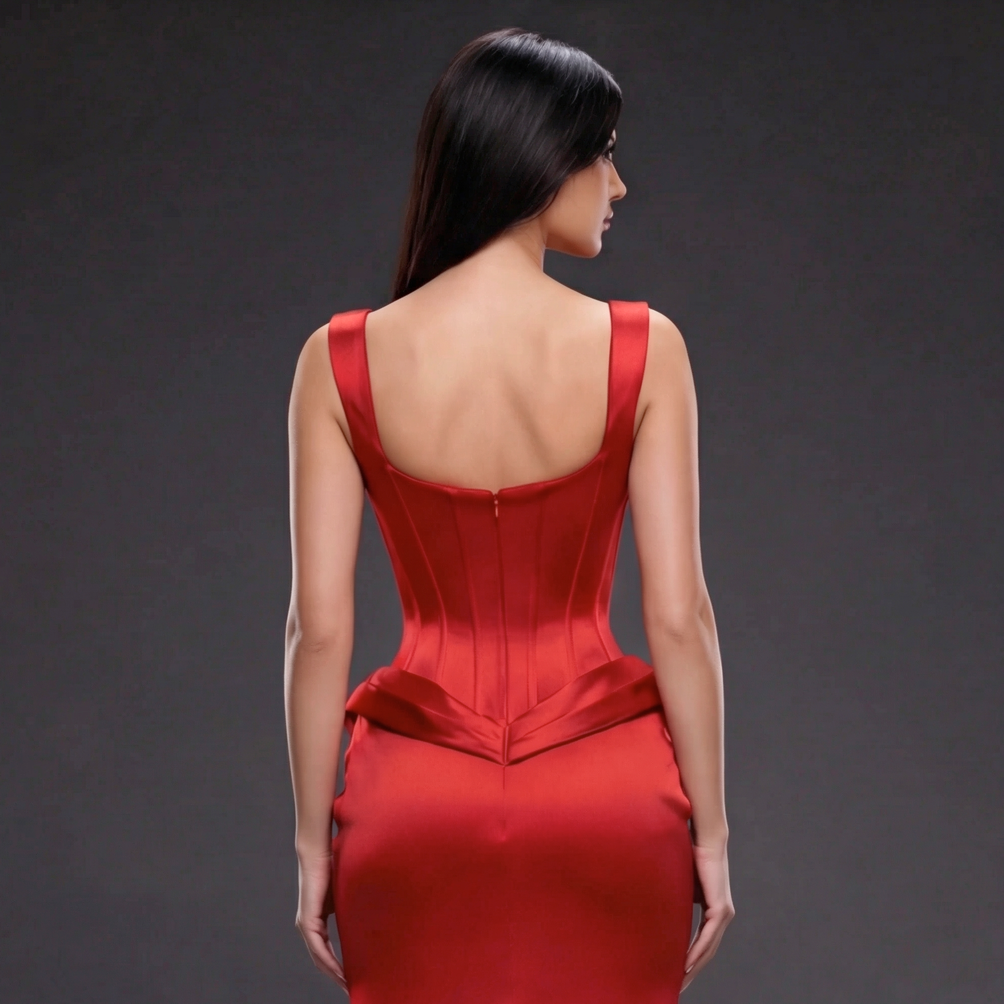 Scarlet Satin Sculpted Evening Dress – Corset Bustier Gown with Ruched Draping, High Slit & Train