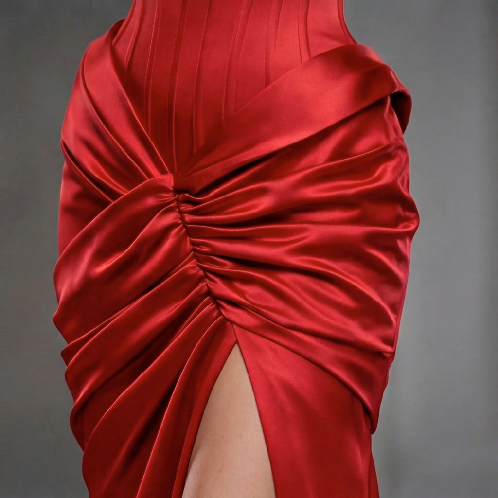 Scarlet Satin Sculpted Evening Dress – Corset Bustier Gown with Ruched Draping, High Slit & Train