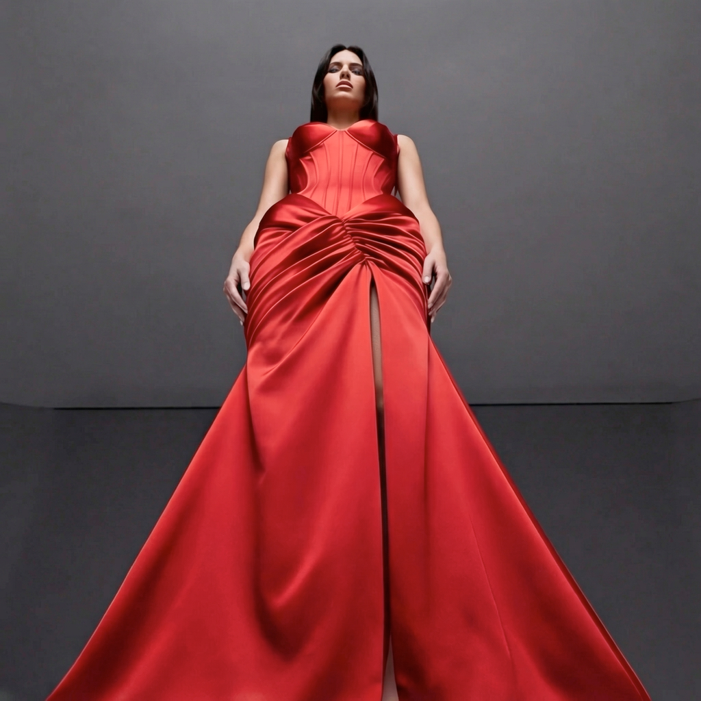 Scarlet Satin Sculpted Evening Dress – Corset Bustier Gown with Ruched Draping, High Slit & Train