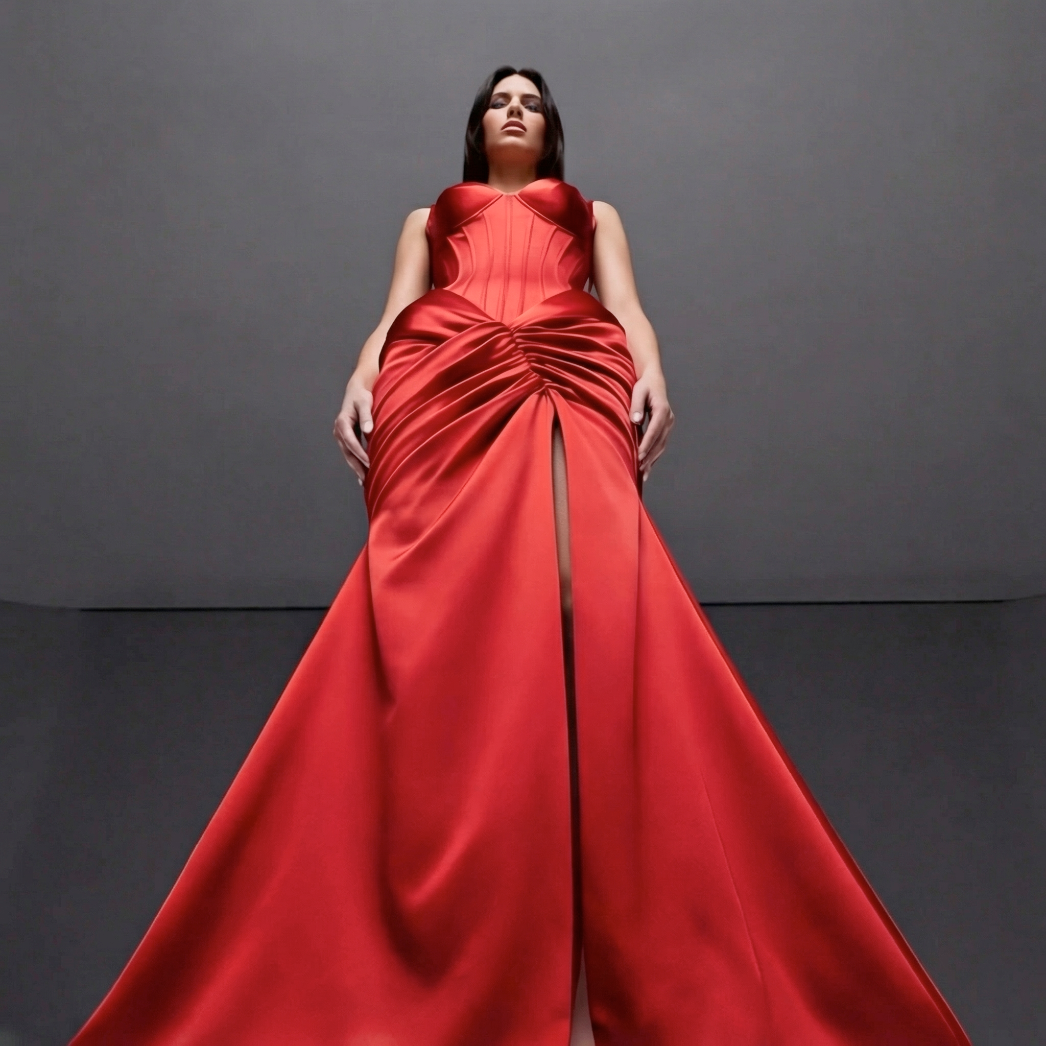 Scarlet Satin Sculpted Evening Dress – Corset Bustier Gown with Ruched Draping, High Slit & Train