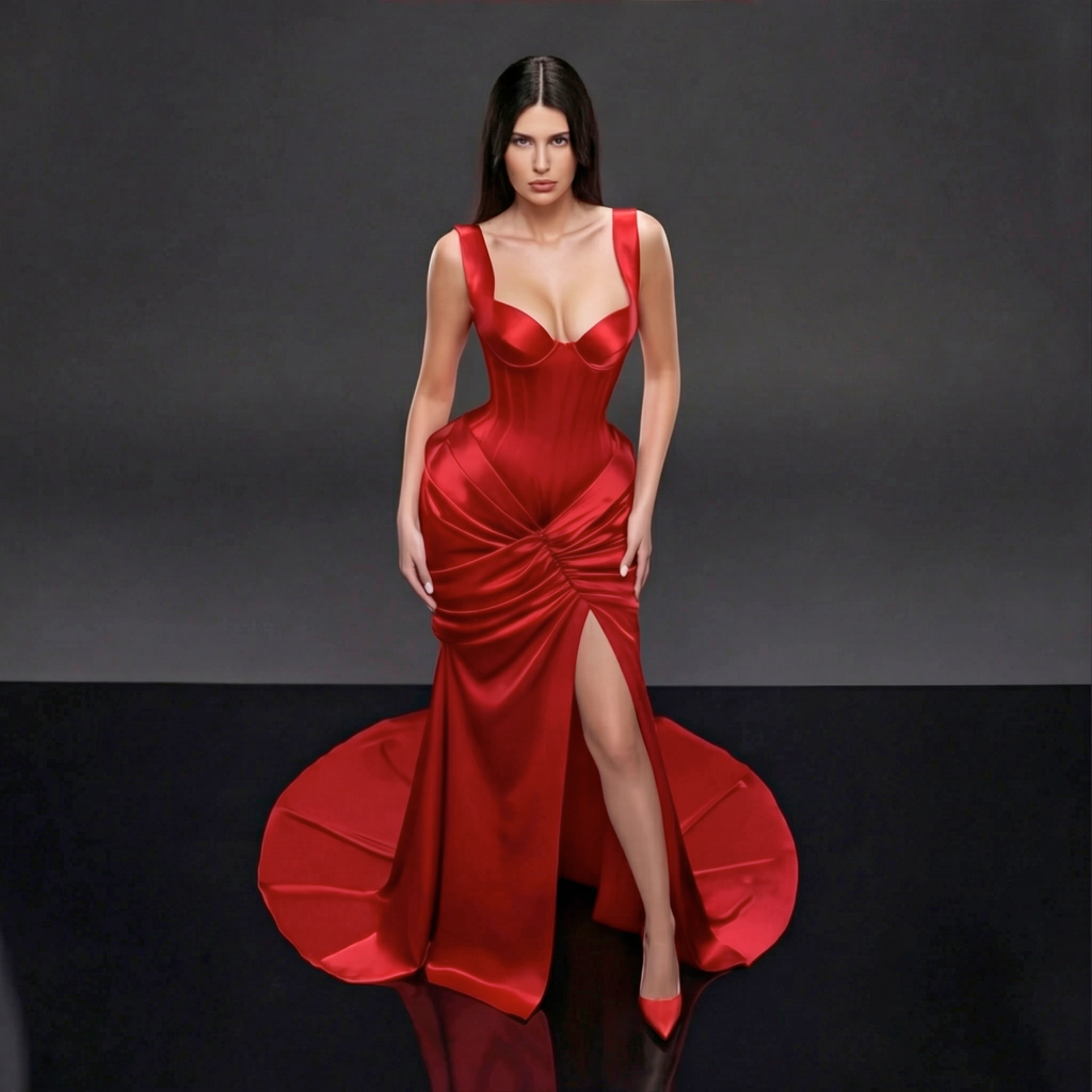 Scarlet Satin Sculpted Evening Dress – Corset Bustier Gown with Ruched Draping, High Slit & Train