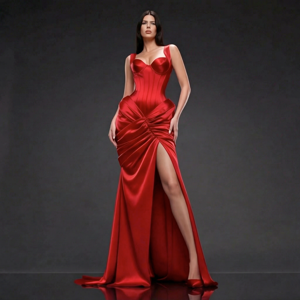 Scarlet Satin Sculpted Evening Dress – Corset Bustier Gown with Ruched Draping, High Slit & Train