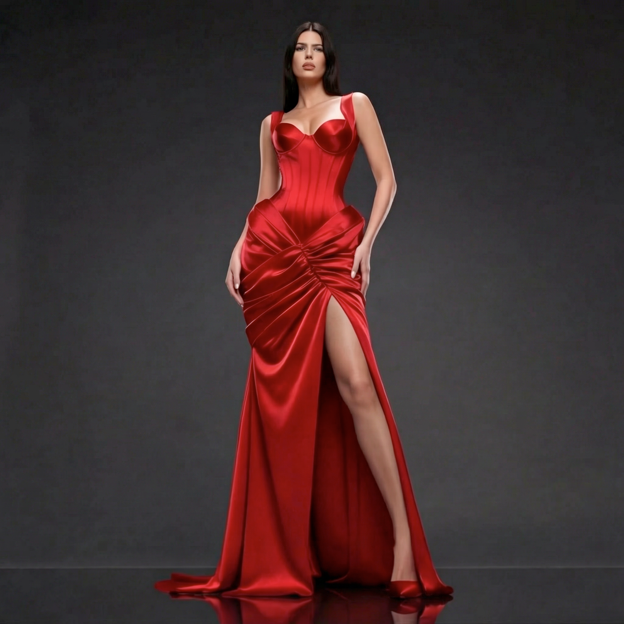 Scarlet Satin Sculpted Evening Dress – Corset Bustier Gown with Ruched Draping, High Slit & Train