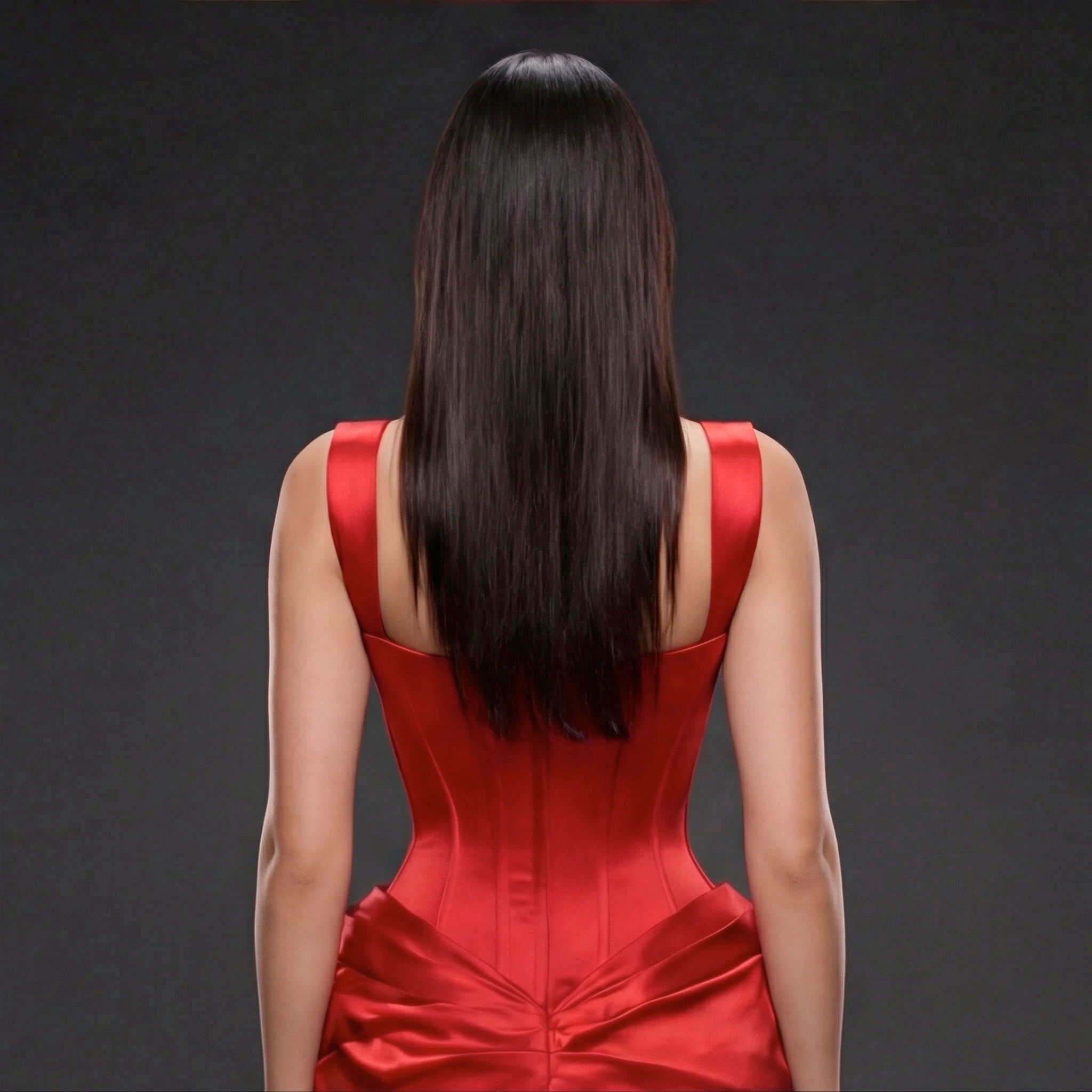 Scarlet Satin Sculpted Evening Dress – Corset Bustier Gown with Ruched Draping, High Slit & Train