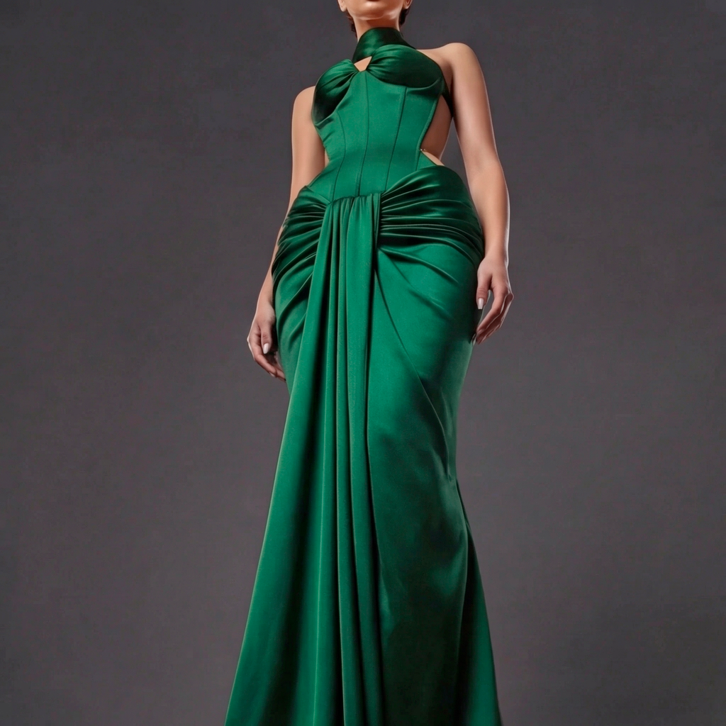 Emerald Green Satin Draped Gown – Sculpted Corset Evening Dress with Sweetheart Neckline & Hip Cutouts