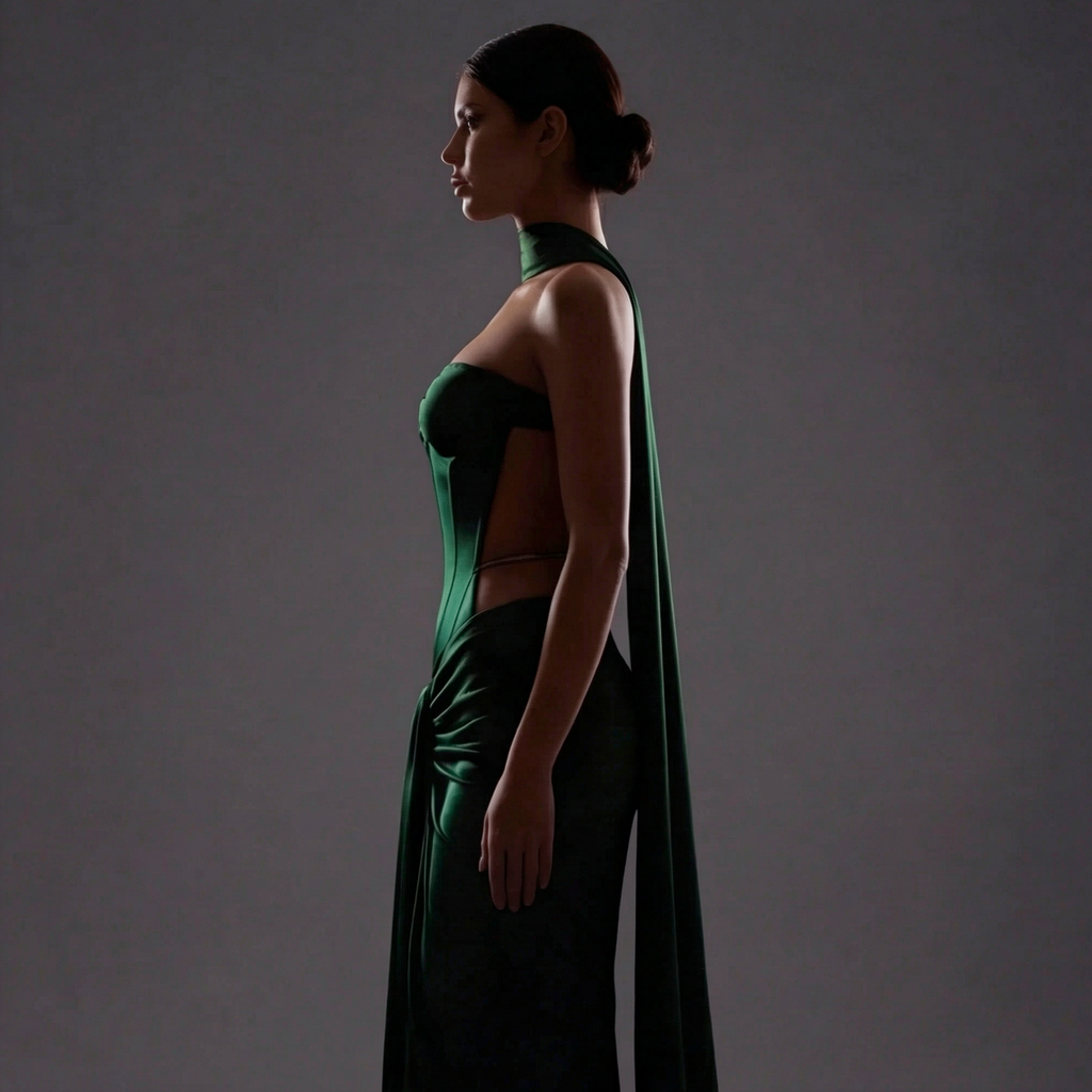 Emerald Green Satin Draped Gown – Sculpted Corset Evening Dress with Sweetheart Neckline & Hip Cutouts