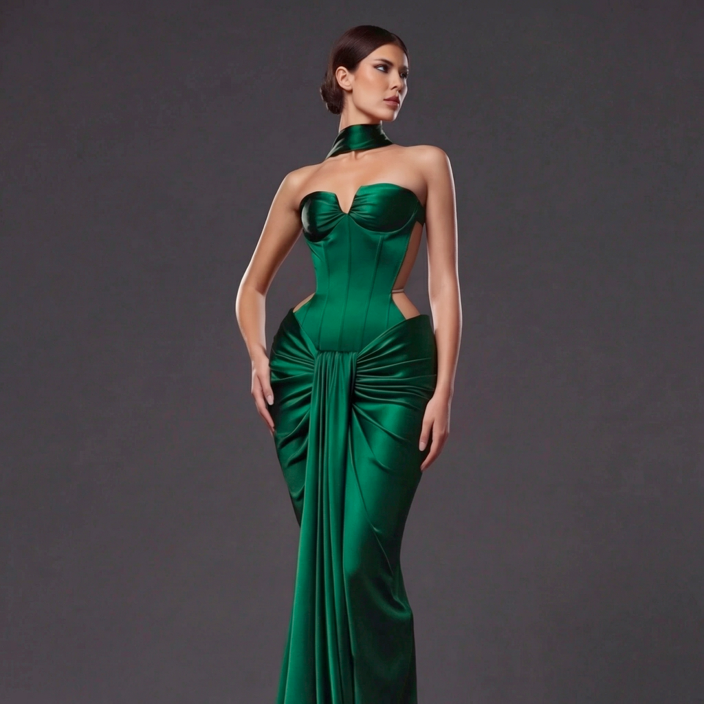 Emerald Green Satin Draped Gown – Sculpted Corset Evening Dress with Sweetheart Neckline & Hip Cutouts