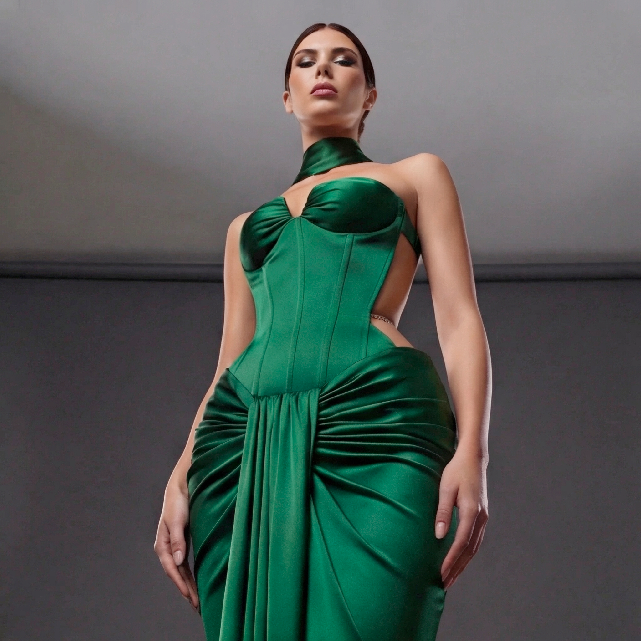 Emerald Green Satin Draped Gown – Sculpted Corset Evening Dress with Sweetheart Neckline & Hip Cutouts