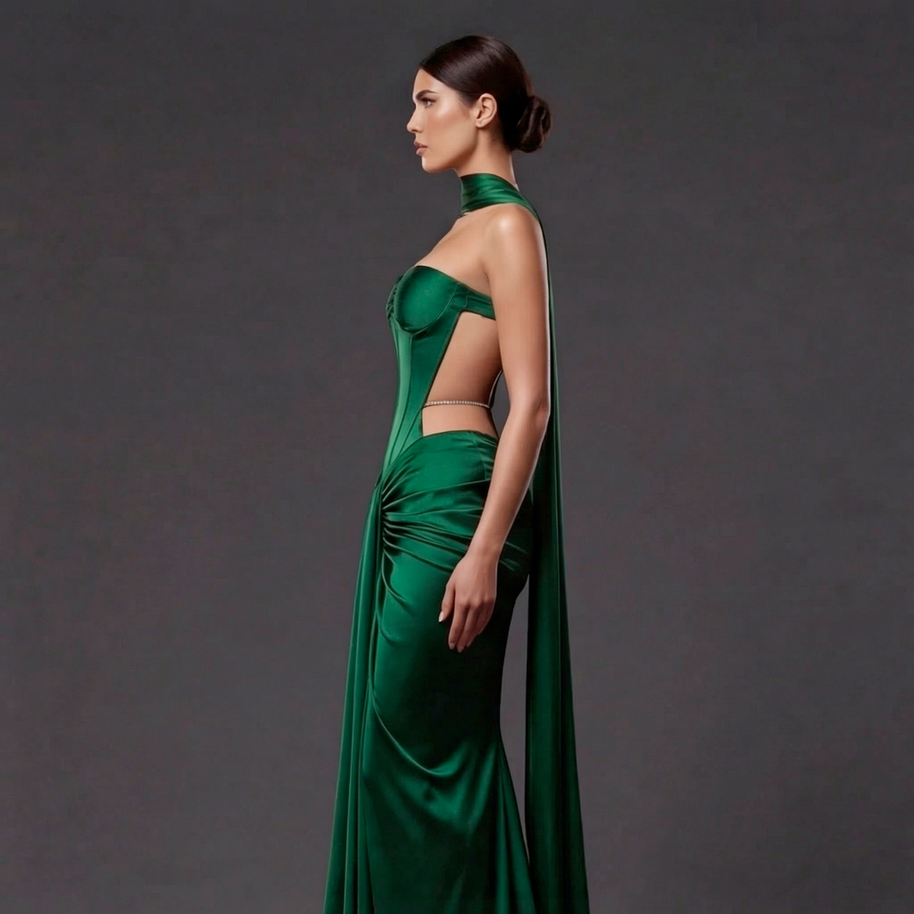 Emerald Green Satin Draped Gown – Sculpted Corset Evening Dress with Sweetheart Neckline & Hip Cutouts