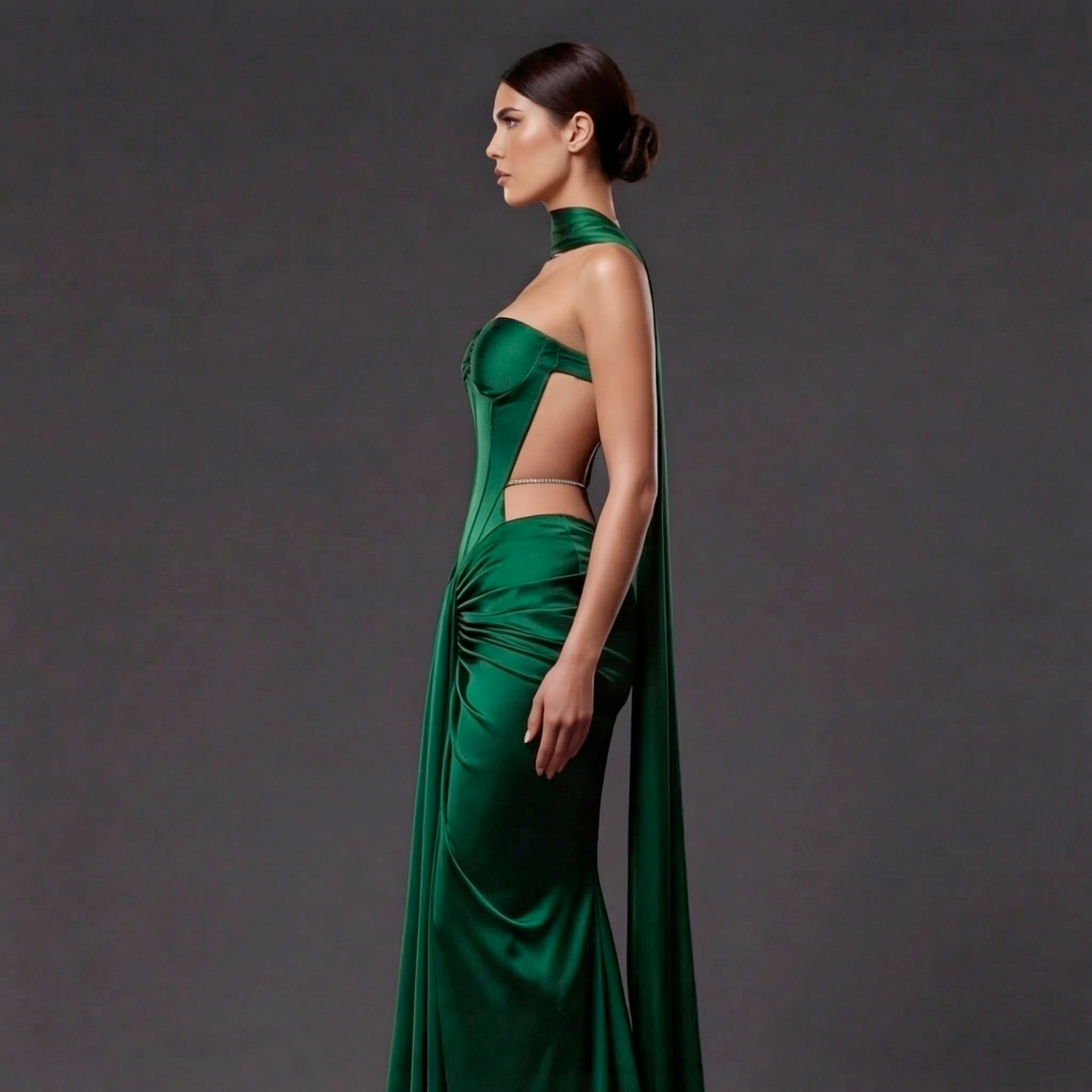 Emerald Green Satin Draped Gown – Sculpted Corset Evening Dress with Sweetheart Neckline & Hip Cutouts
