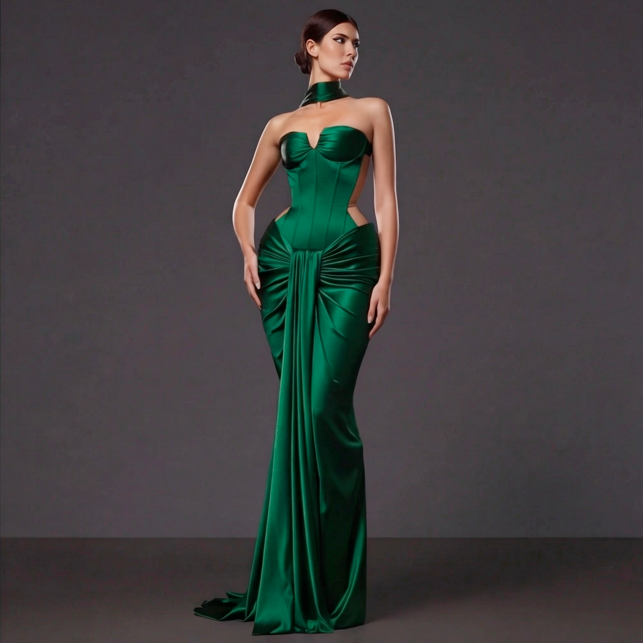 Emerald Green Satin Draped Gown – Sculpted Corset Evening Dress with Sweetheart Neckline & Hip Cutouts