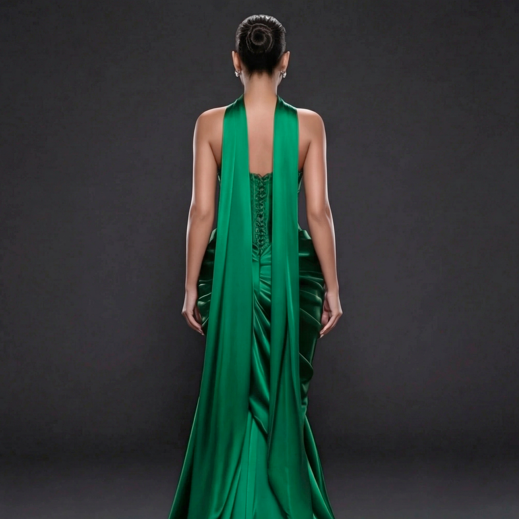 Jewel Green Satin Bustier Gown – Sculpted Corset Dress with Draped High Slit, Mermaid Skirt & Neck Scarf