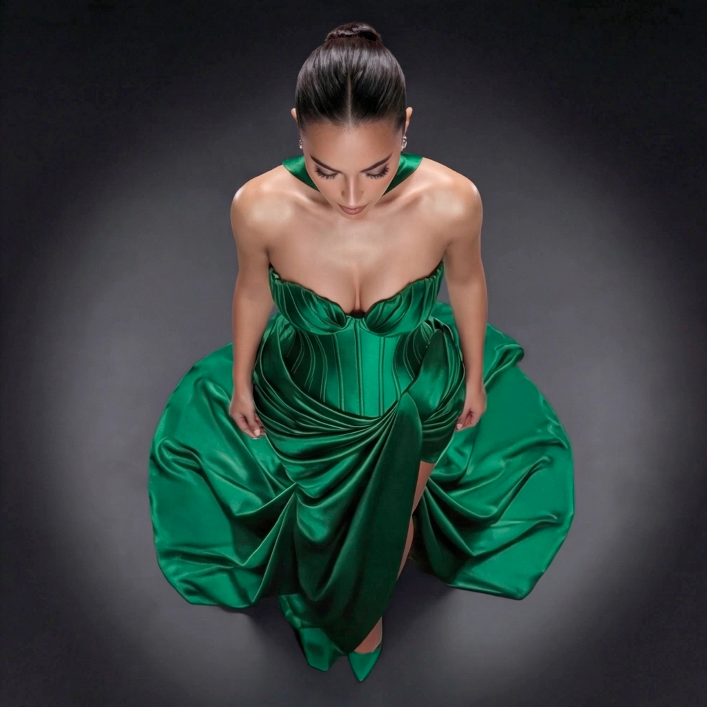 Jewel Green Satin Bustier Gown – Sculpted Corset Dress with Draped High Slit, Mermaid Skirt & Neck Scarf