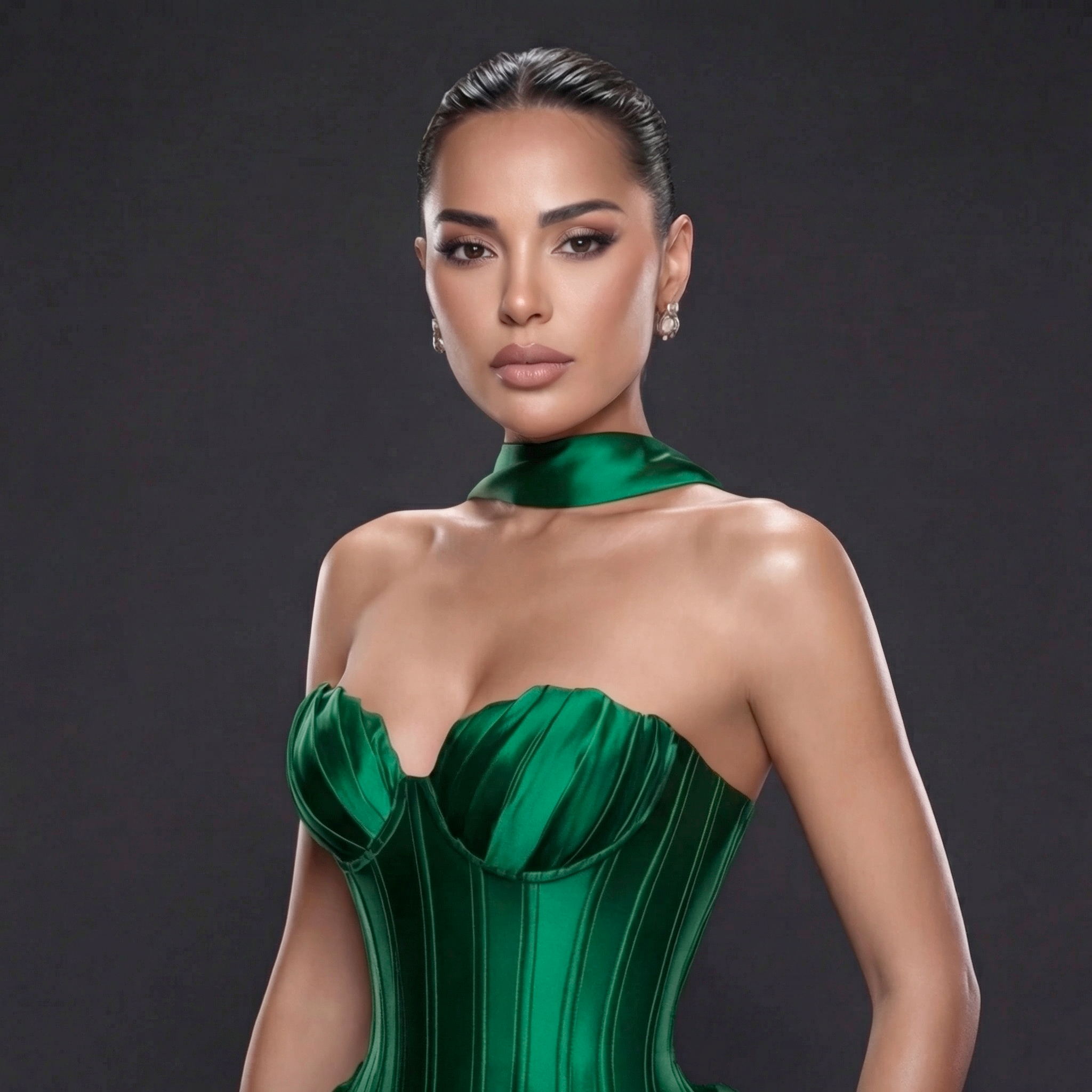 Jewel Green Satin Bustier Gown – Sculpted Corset Dress with Draped High Slit, Mermaid Skirt & Neck Scarf