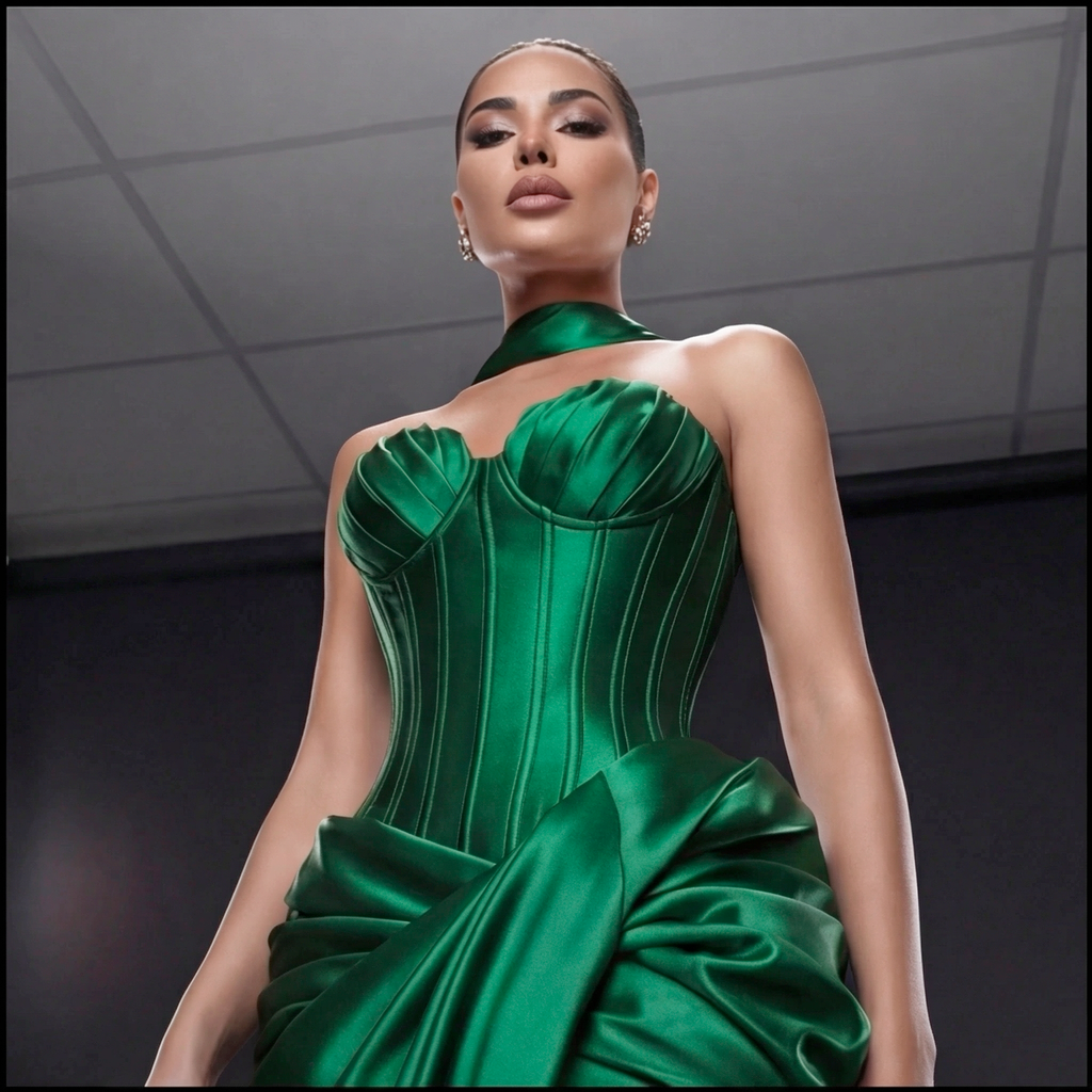 Jewel Green Satin Bustier Gown – Sculpted Corset Dress with Draped High Slit, Mermaid Skirt & Neck Scarf