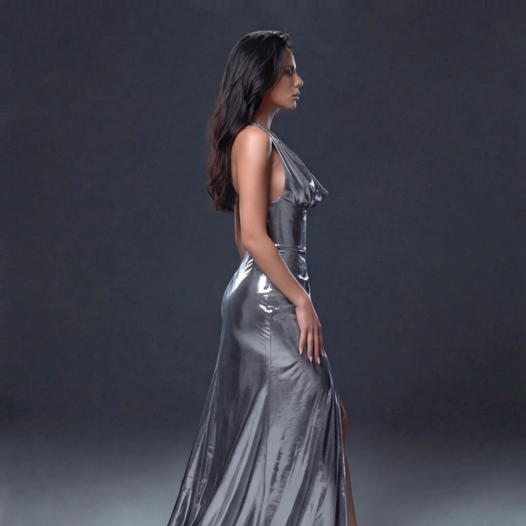 Liquid Silver Metallic Halter Gown – Draped Cowl Neck Corset Evening Dress with High Slit