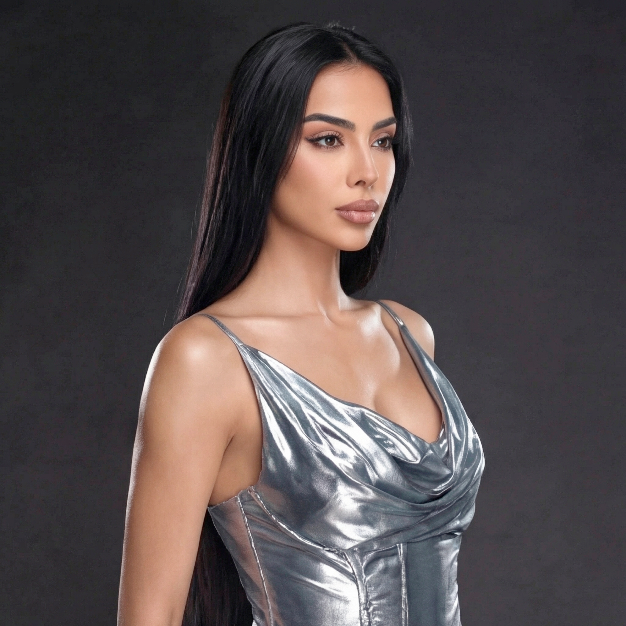 Silver Metallic Draped Evening Gown – Cowl Neck Corset Dress with High Slit & Train