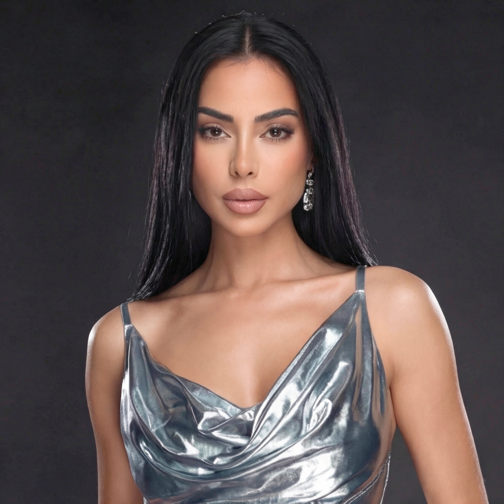Silver Metallic Draped Evening Gown – Cowl Neck Corset Dress with High Slit & Train