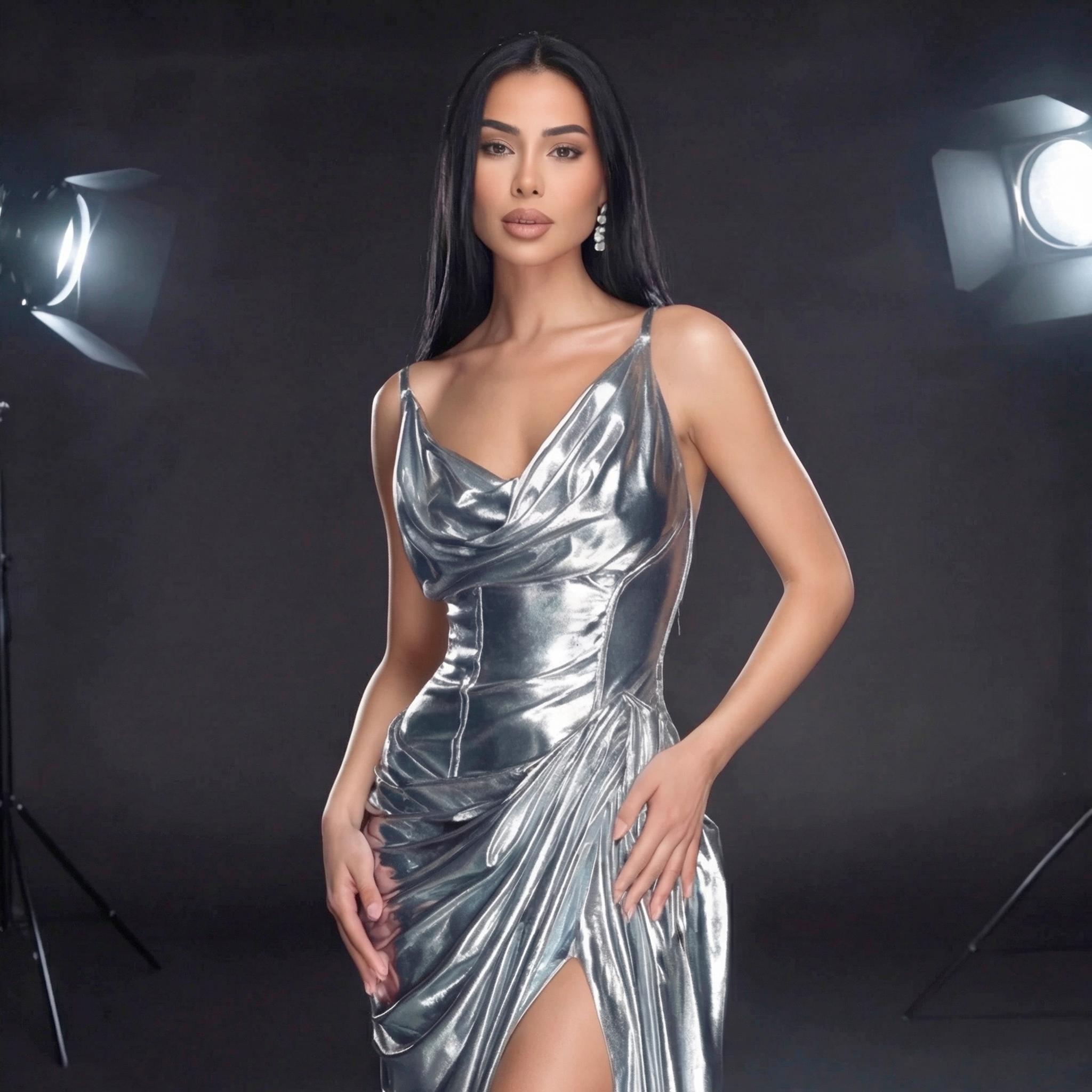 Silver Metallic Draped Evening Gown – Cowl Neck Corset Dress with High Slit & Train