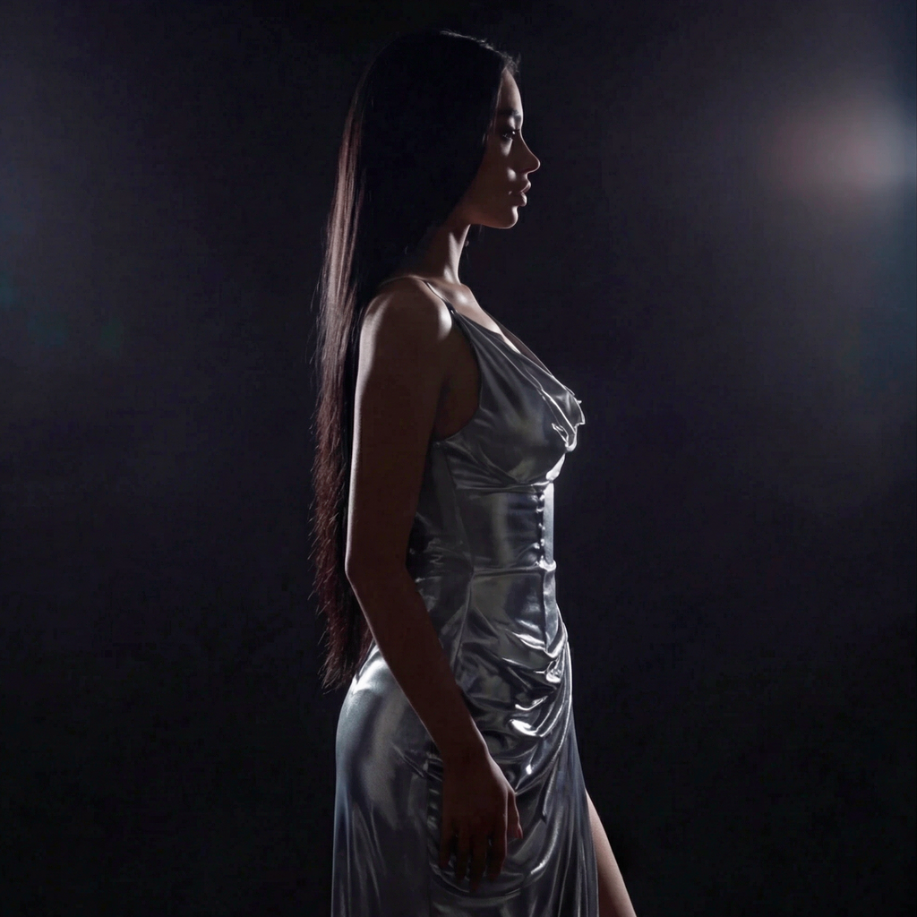 Silver Metallic Draped Evening Gown – Cowl Neck Corset Dress with High Slit & Train