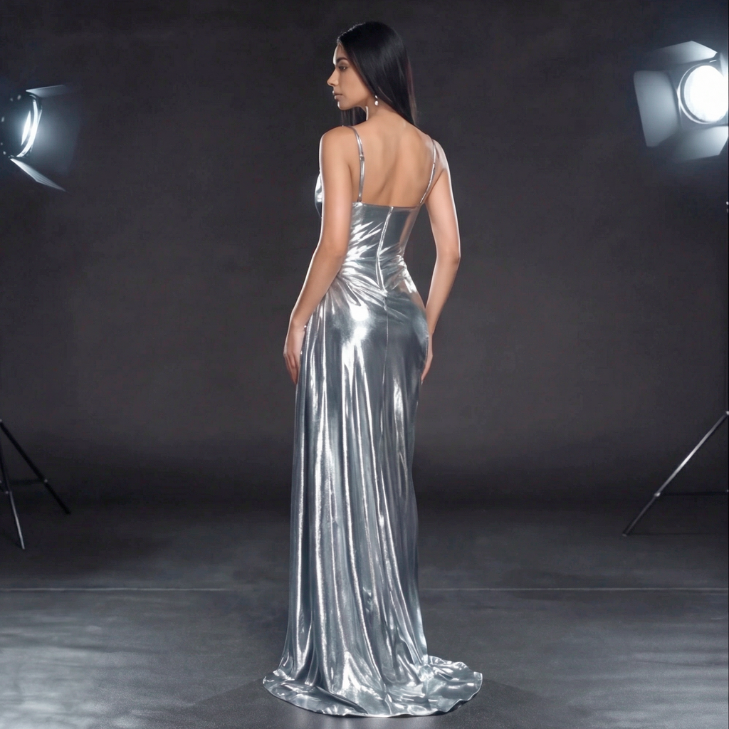 Silver Metallic Draped Evening Gown – Cowl Neck Corset Dress with High Slit & Train