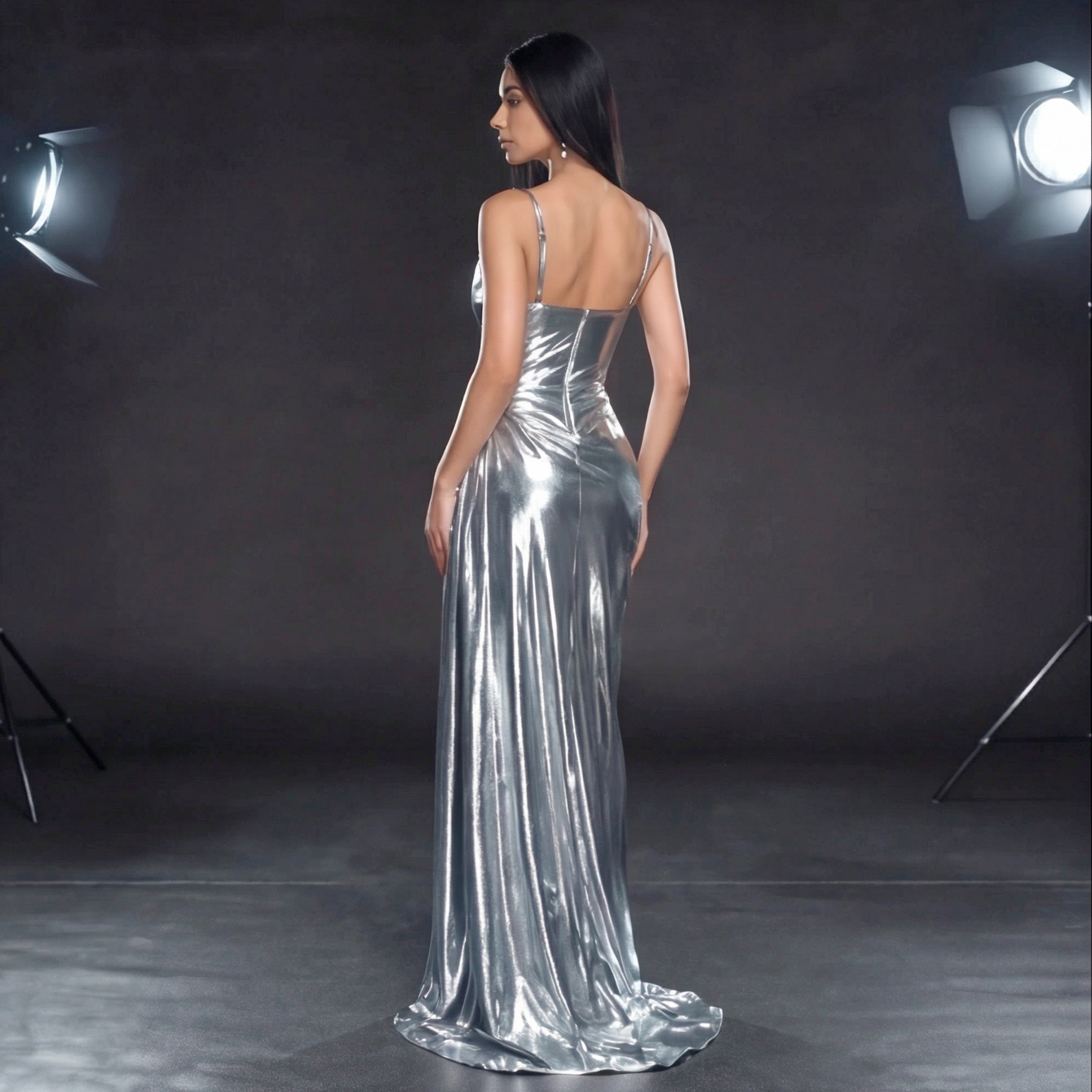 Silver Metallic Draped Evening Gown – Cowl Neck Corset Dress with High Slit & Train