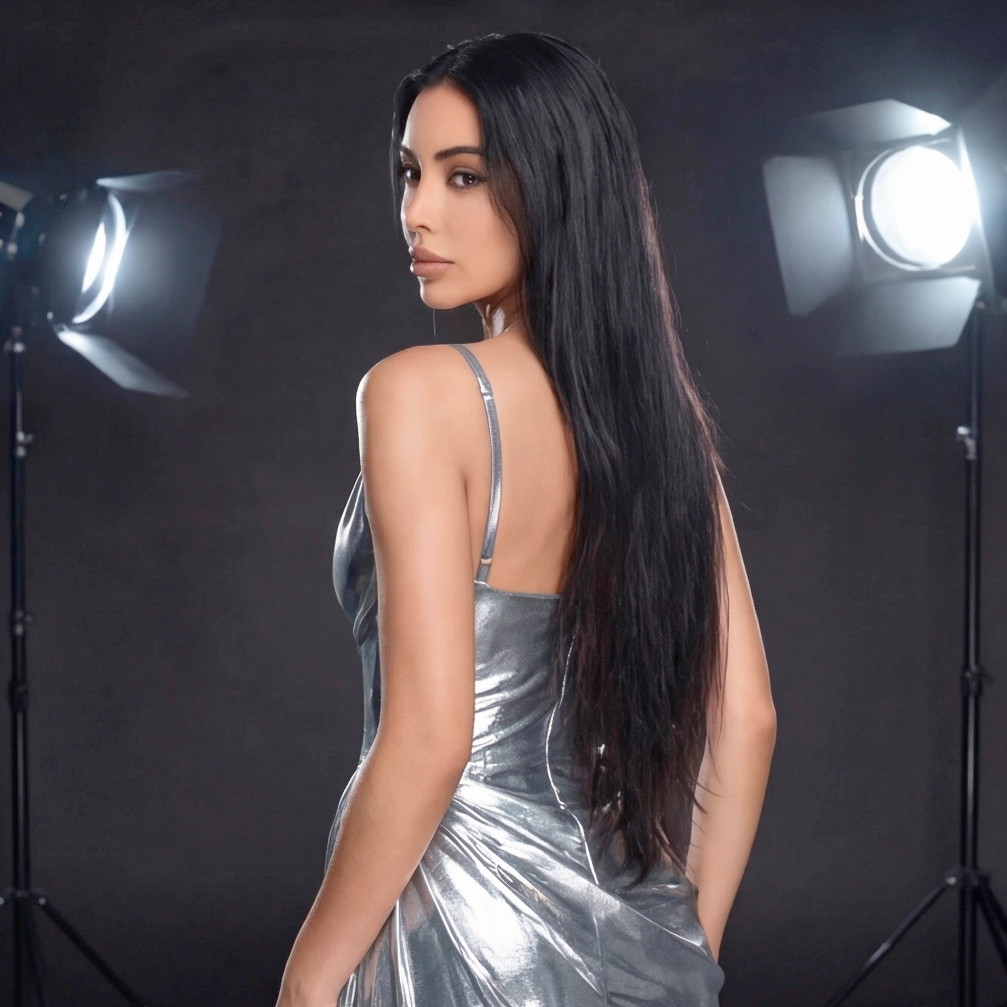 Silver Metallic Draped Evening Gown – Cowl Neck Corset Dress with High Slit & Train