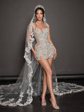 Ivory Crystal Embellished Bridal Mini Dress – Sweetheart Corset Wedding Dress with Illusion Cutouts