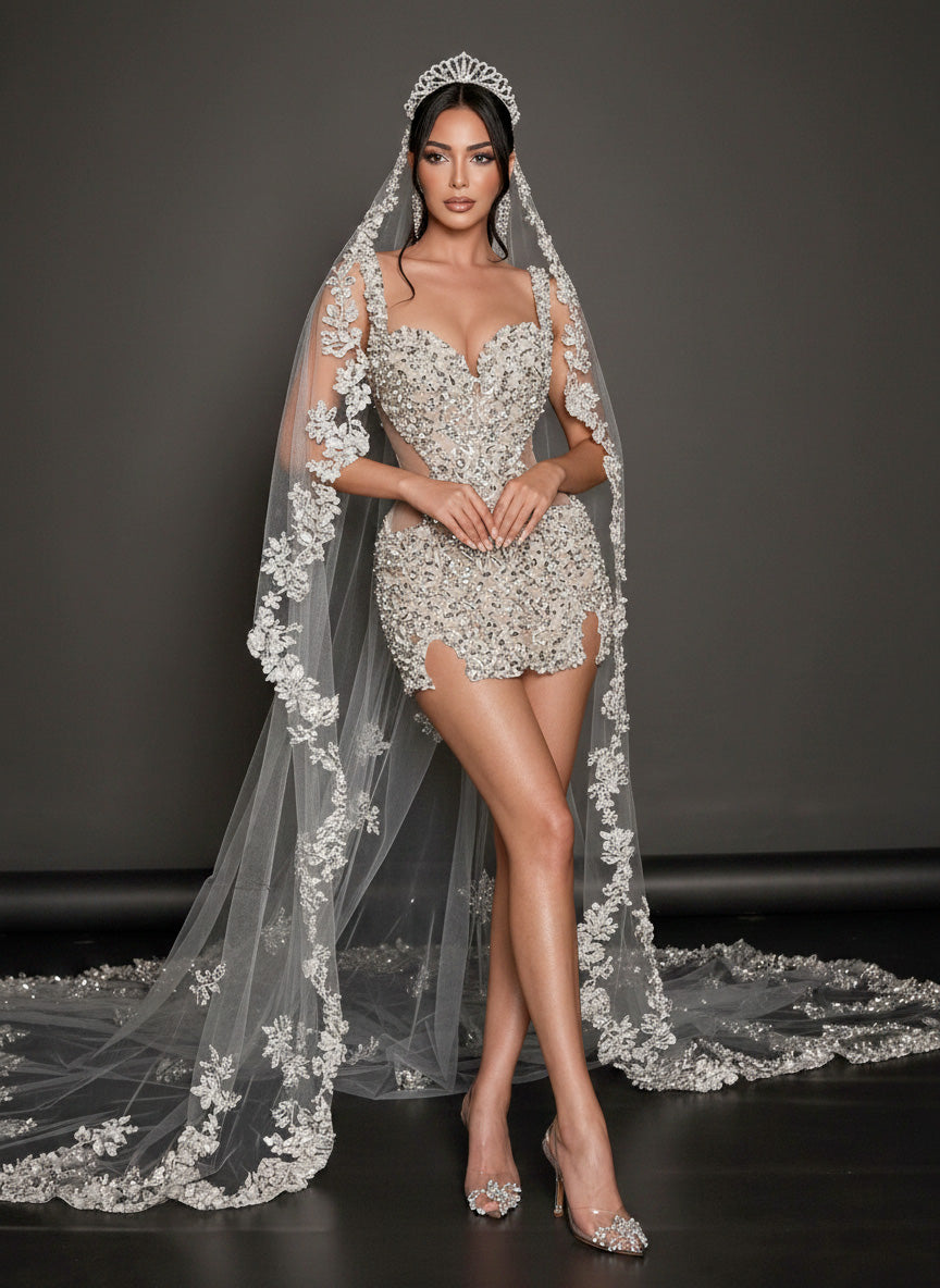 Ivory Crystal Embellished Bridal Mini Dress – Sweetheart Corset Wedding Dress with Illusion Cutouts
