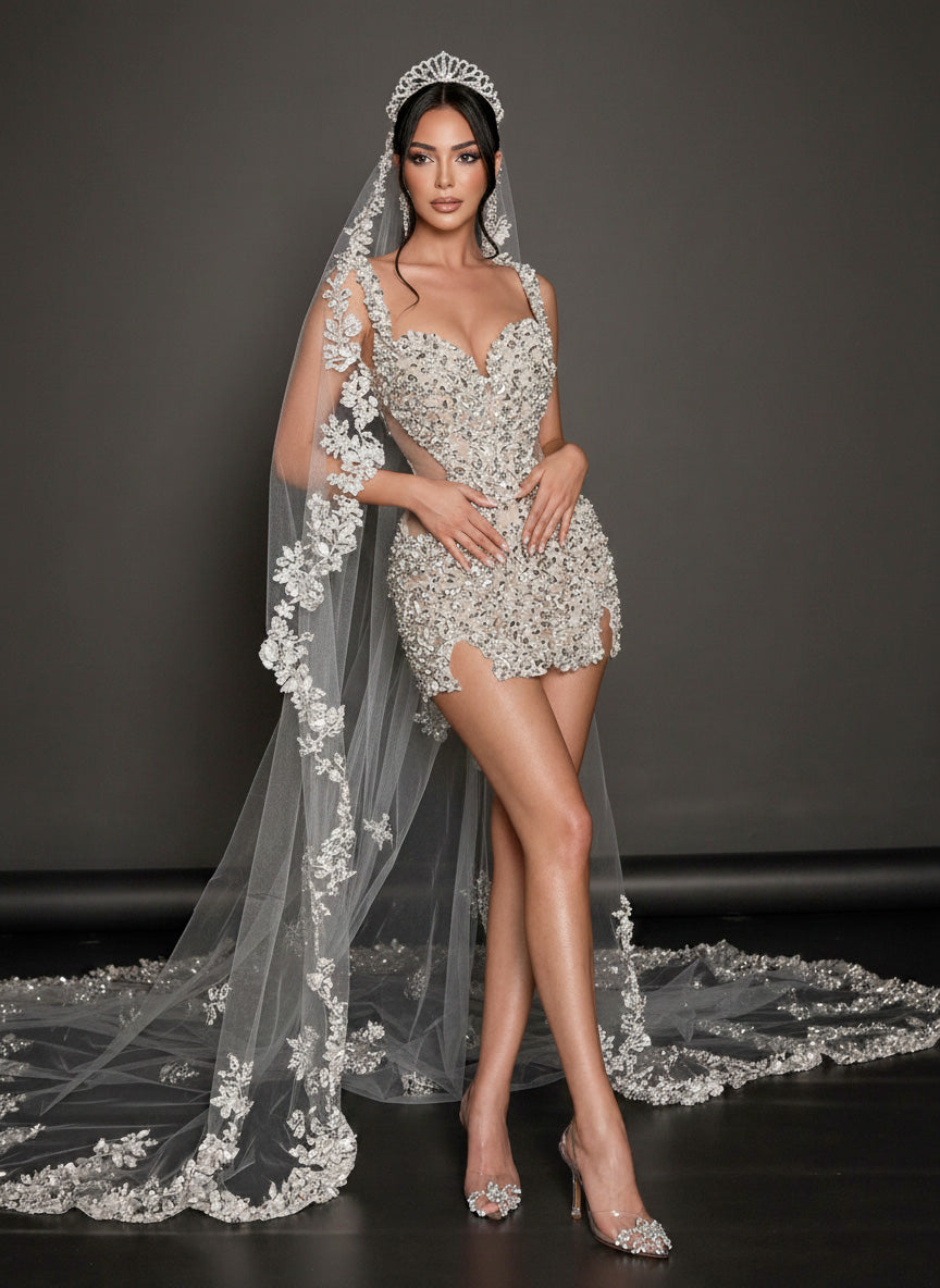 Ivory Crystal Embellished Bridal Mini Dress – Sweetheart Corset Wedding Dress with Illusion Cutouts