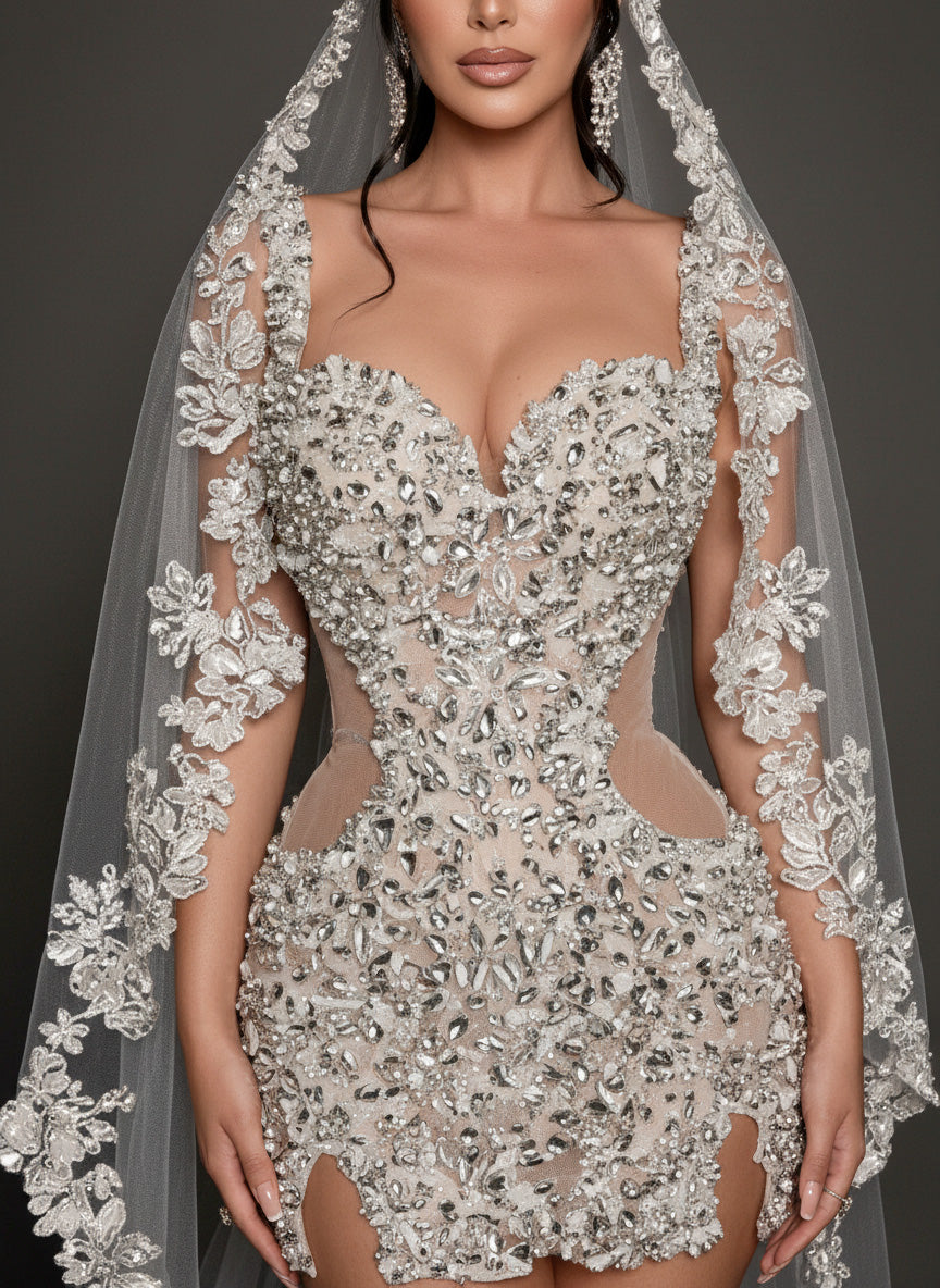 Ivory Crystal Embellished Bridal Mini Dress – Sweetheart Corset Wedding Dress with Illusion Cutouts
