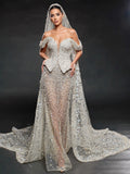 Ivory Crystal Embellished Sheer Bridal Gown – Off-Shoulder Corset Wedding Dress with Cathedral Veil