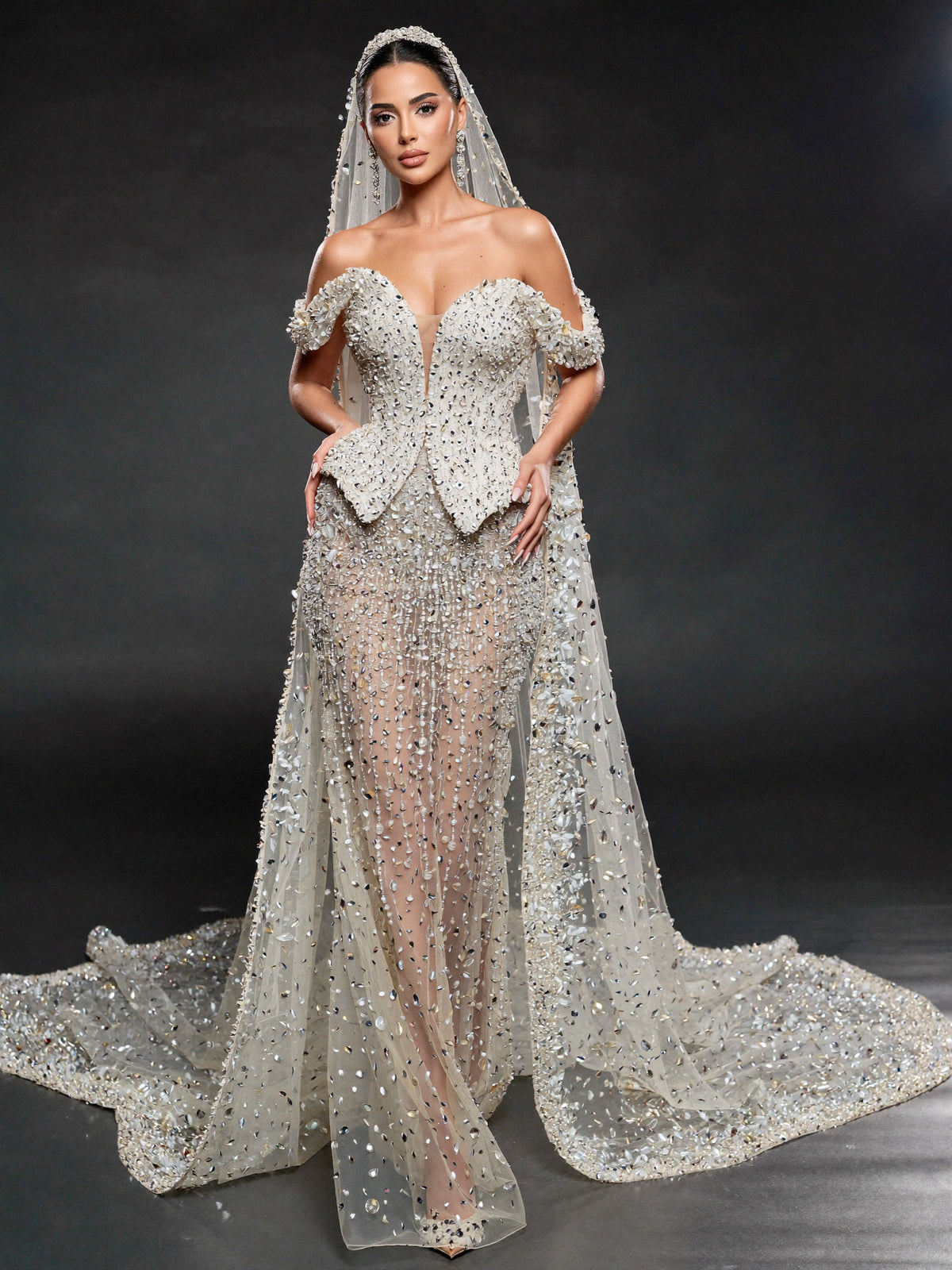 Ivory Crystal Embellished Sheer Bridal Gown – Off-Shoulder Corset Wedding Dress with Cathedral Veil