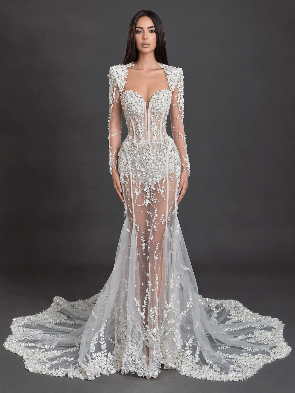 Ivory Floral Appliqué Mermaid Wedding Dress – Sheer Long Sleeve Corset Bridal Gown with Cathedral Train