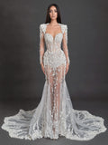 Ivory Floral Appliqué Mermaid Wedding Dress – Sheer Long Sleeve Corset Bridal Gown with Cathedral Train