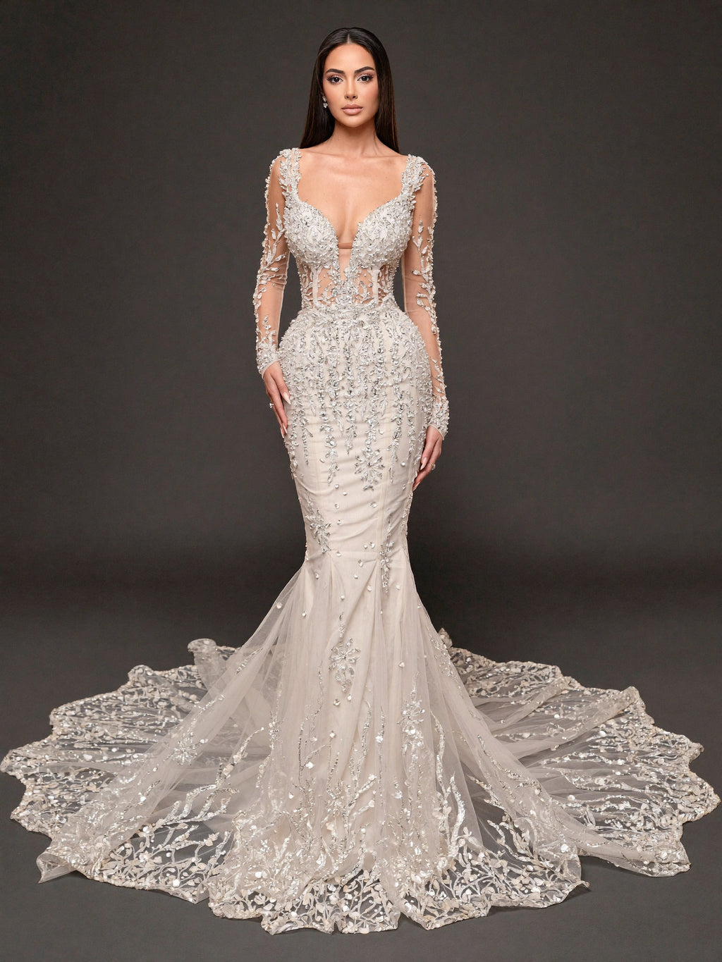 Ivory Crystal Embellished Mermaid Wedding Dress – Long Sleeve Illusion Corset Bridal Gown with Lace Train