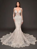 Ivory Crystal Embellished Mermaid Wedding Dress – Long Sleeve Illusion Corset Bridal Gown with Lace Train