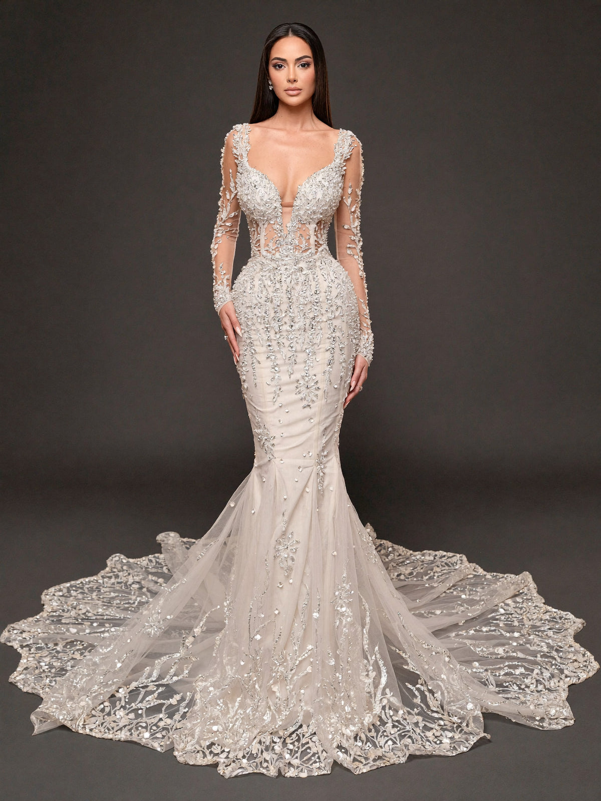 Ivory Crystal Embellished Mermaid Wedding Dress – Long Sleeve Illusion Corset Bridal Gown with Lace Train