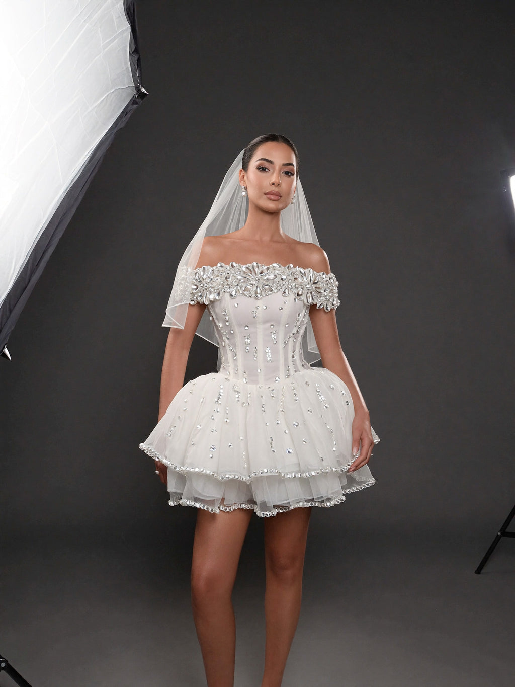 Ivory Crystal Embellished Mini Wedding Dress – Off-Shoulder Corset Bridal Dress with Layered Tulle Skirt
