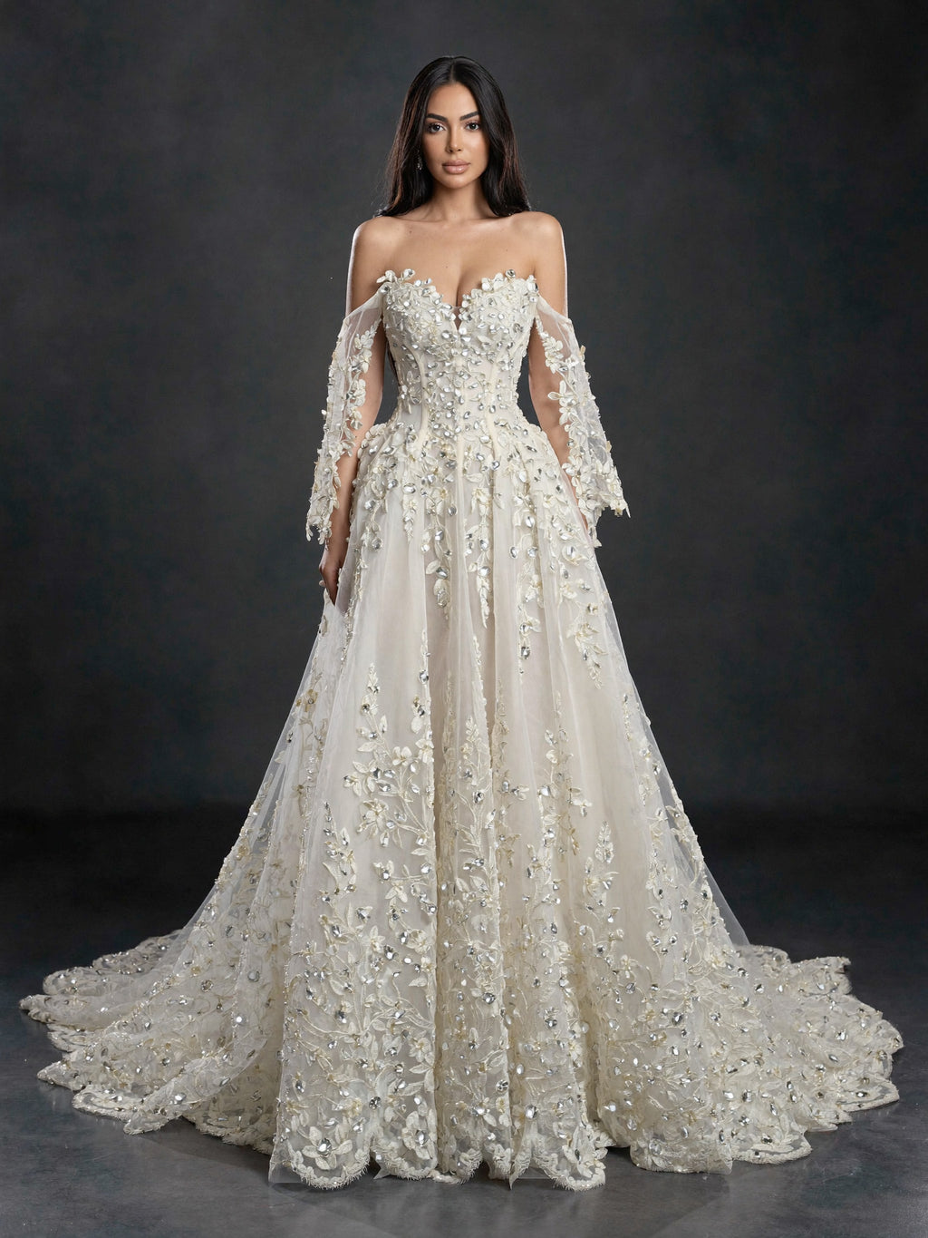 Ivory Floral Embellished A-Line Wedding Gown – Strapless Corset Bridal Dress with Crystal Beading & Detachable Tulle Sleeves