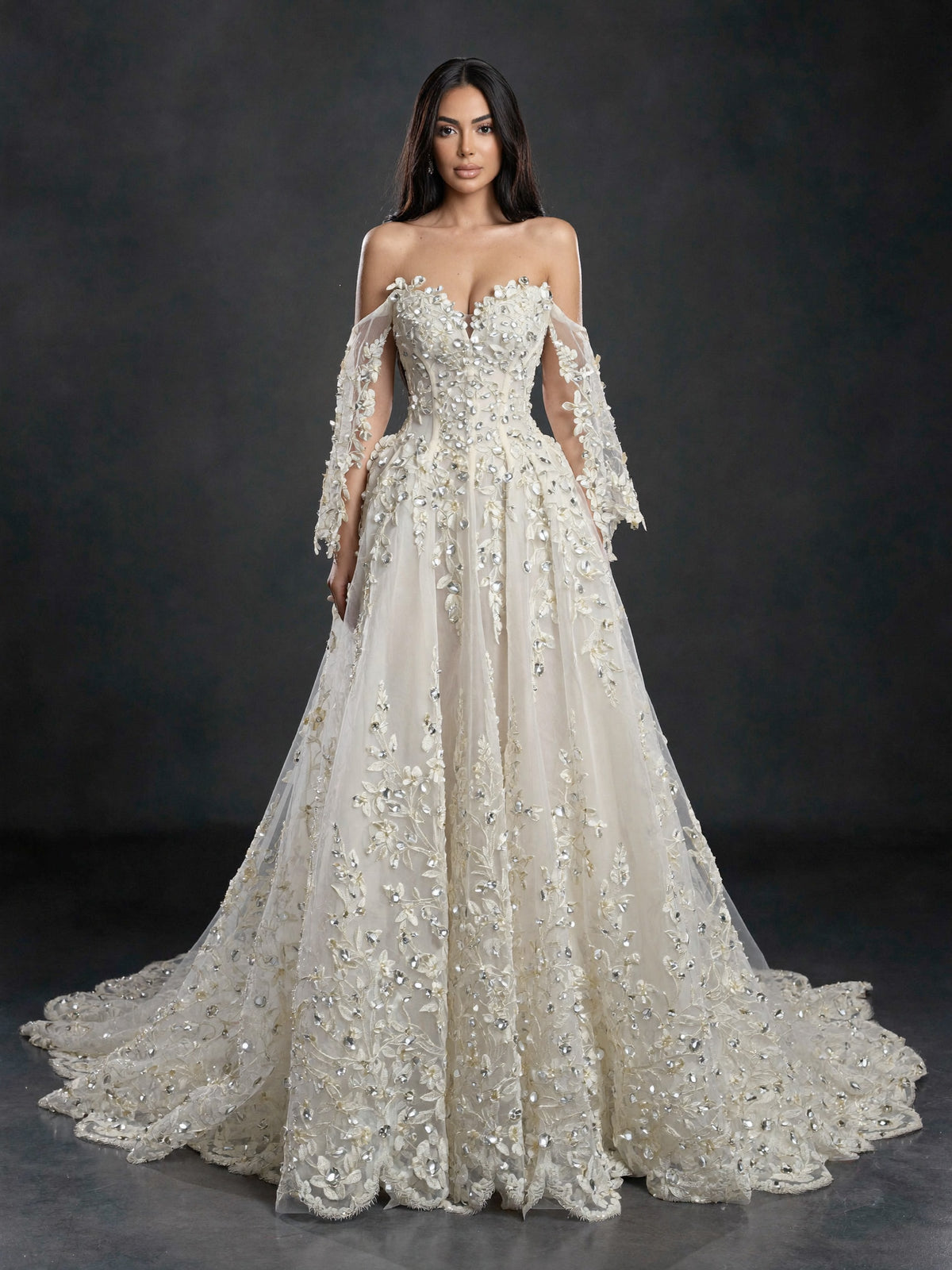 Ivory Floral Embellished A-Line Wedding Gown – Strapless Corset Bridal Dress with Crystal Beading & Detachable Tulle Sleeves