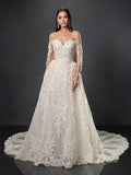 Ivory Lace A-Line Wedding Gown – Off-Shoulder Corset Bridal Dress with Crystal Embellishments & Lace-Up Back