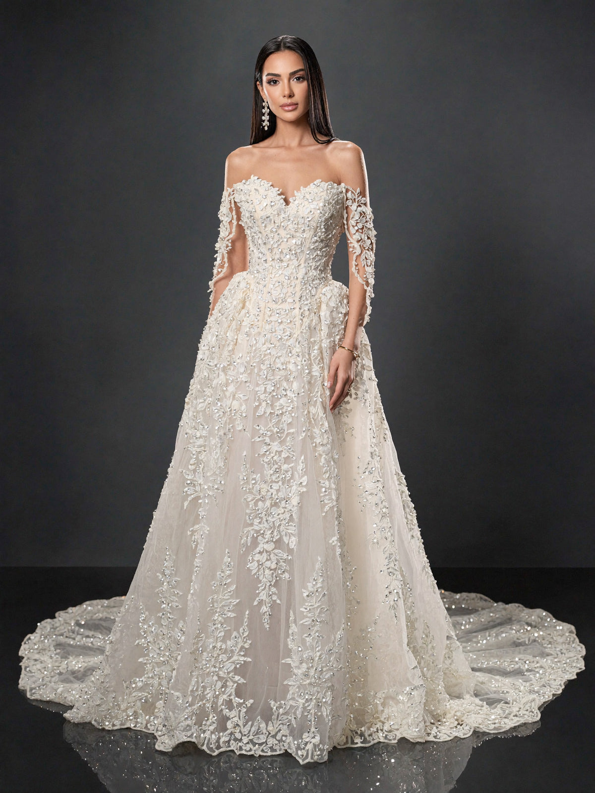Ivory Lace A-Line Wedding Gown – Off-Shoulder Corset Bridal Dress with Crystal Embellishments & Lace-Up Back